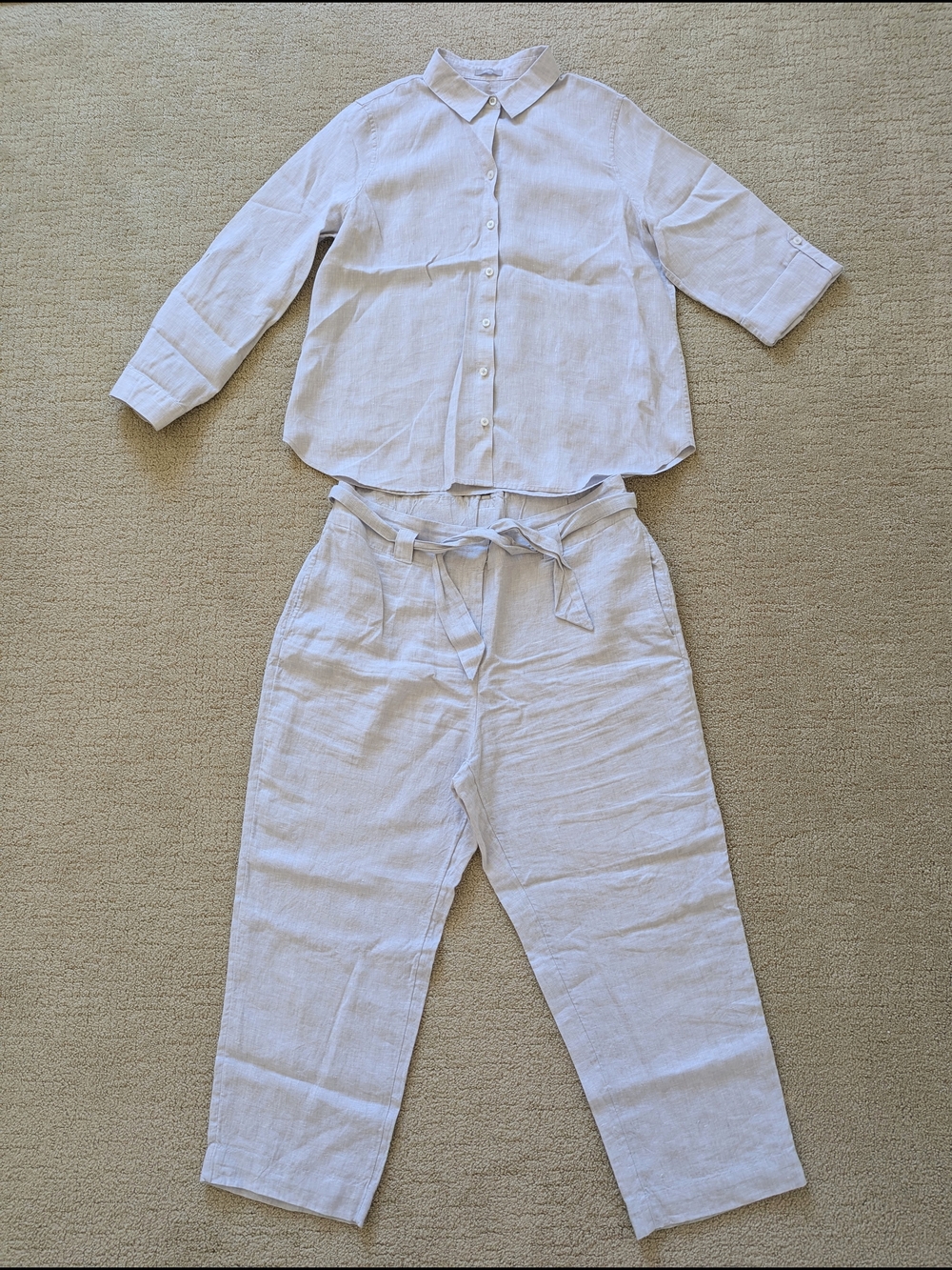 Chicos Women 100% Linen 2pc Set Button Up Shirt 2 Pant 2.5 Roll Up Sleeve Belted